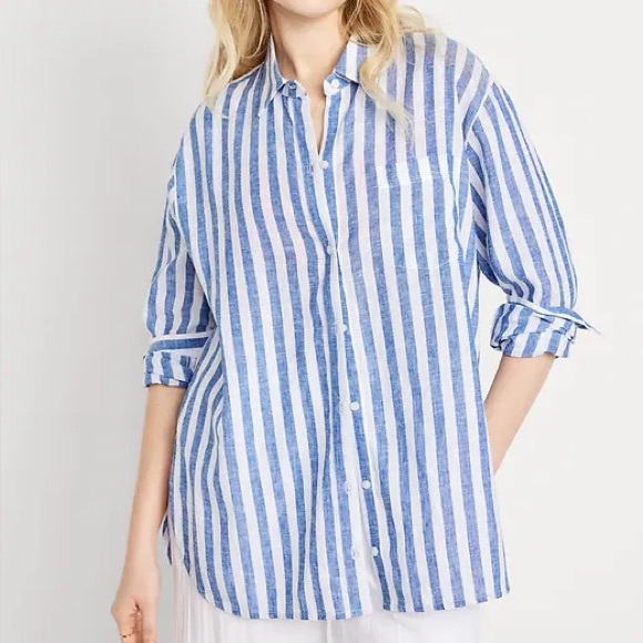 NWT OLD NAVY Linen-Blend Striped Boyfriend Shirt COLOR BLUE STRIPE - Picture 1 of 6
